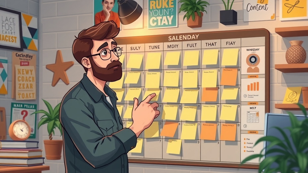 organized marketer planning monthly content calendar with sticky notes, workspace, content calendar