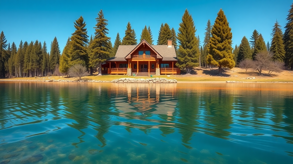 majestic log home by a pristine lake, serene, types of log homes, surrounded by evergreen trees and clear sky, reflecting water, high fidelity photorealistic