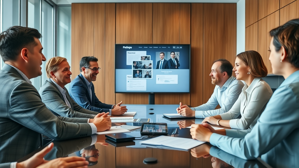 new interim chief marketing officer onboarding with team in a modern meeting room, sharing insights and planning action