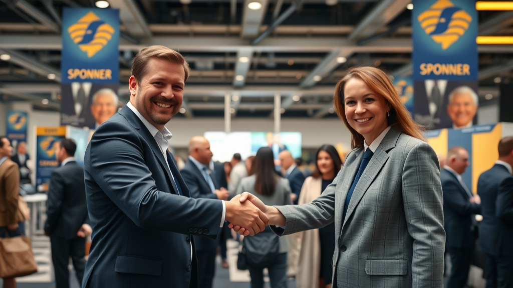 Professionals shaking hands at an event partnership, symbolizing successful brand awareness collaboration