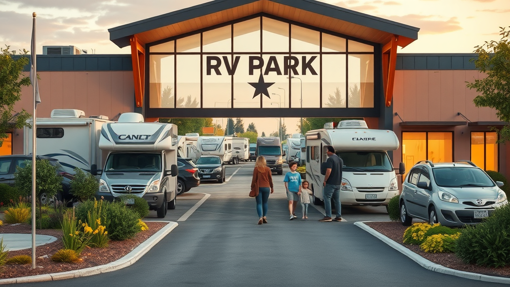 Inviting entrance to a modern RV park with families checking in, exemplifying buying and selling RV parks with appealing amenities