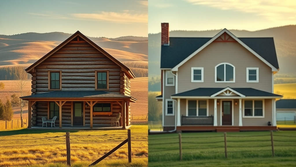 side by side comparison of log home and traditional house structures with cost symbolism in landscape