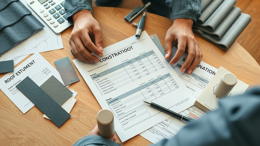 roof material samples and estimate paperwork, roofing contractors cost comparison
