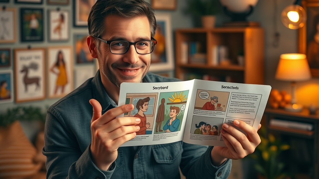engaging brand storyteller presenting a vivid storyboard for a brand story video