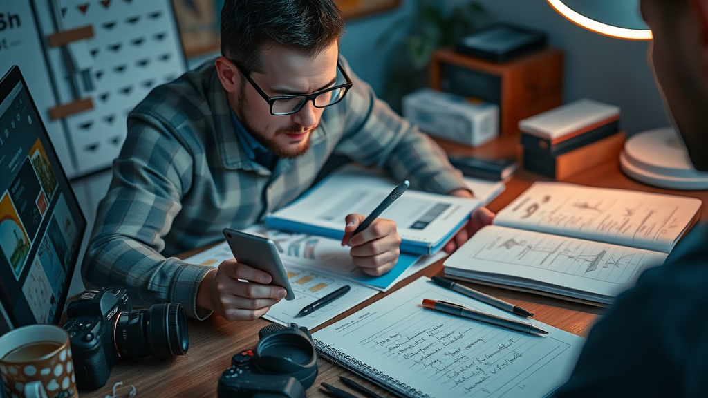 creative content creator brainstorming digital tools with sketchbooks in a home office