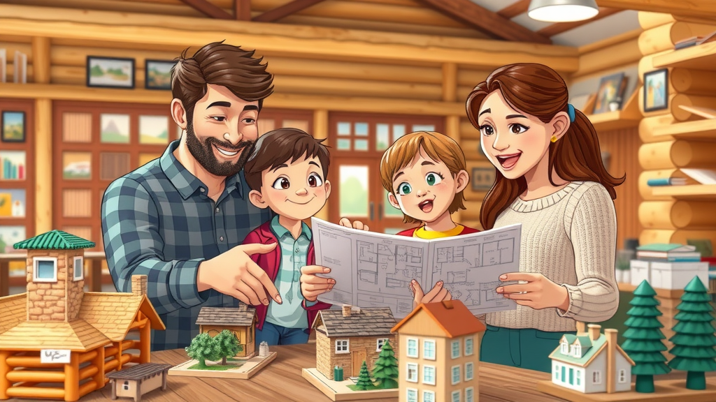 family comparing log cabin kits and custom plans in a bright showroom