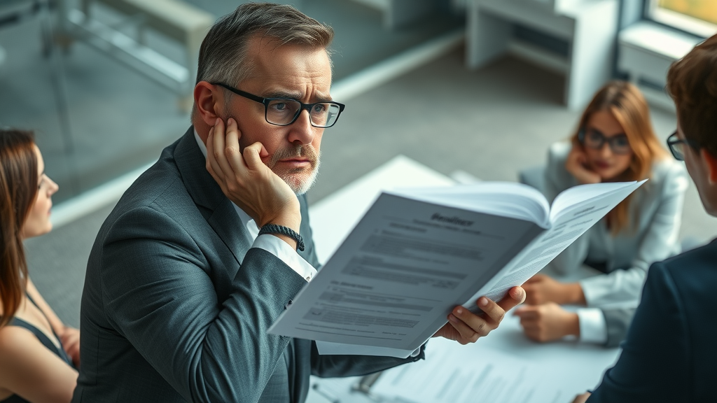 worried interim chief marketing officer analyzing problem-solving playbook in a boardroom
