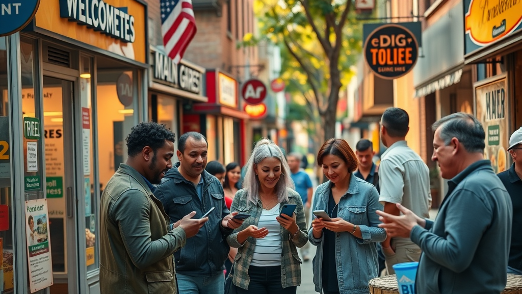 Vibrant main-street storefronts with local business owners and community members engaging, social media marketing local