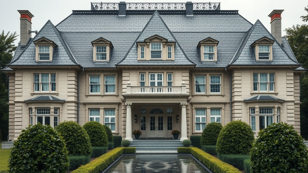 Elegant estate with deep gray slate roof, slate roofing material for types of roofs, manicured landscape