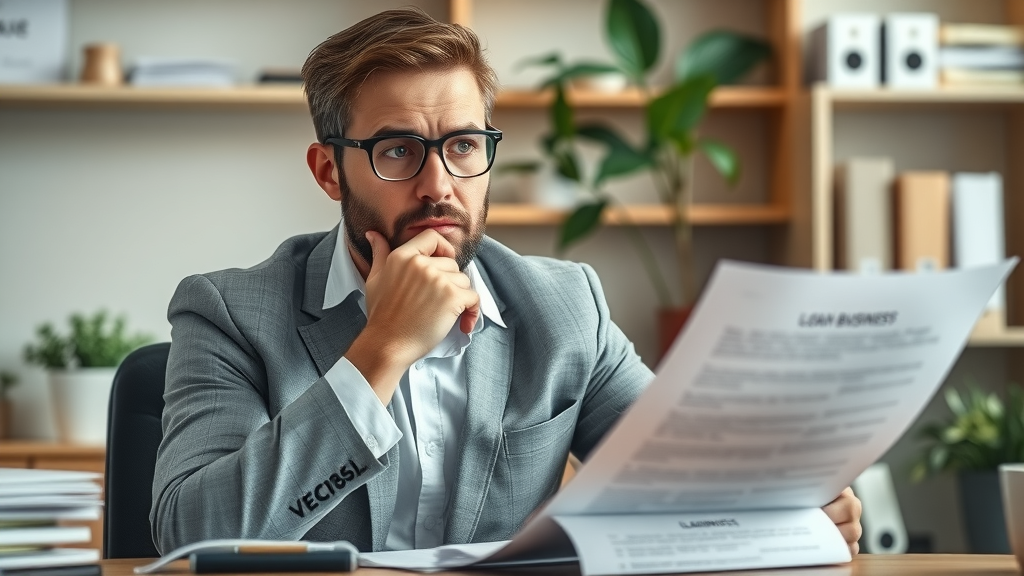 concerned small business owner reviewing loan documents in an office, business loans barrier