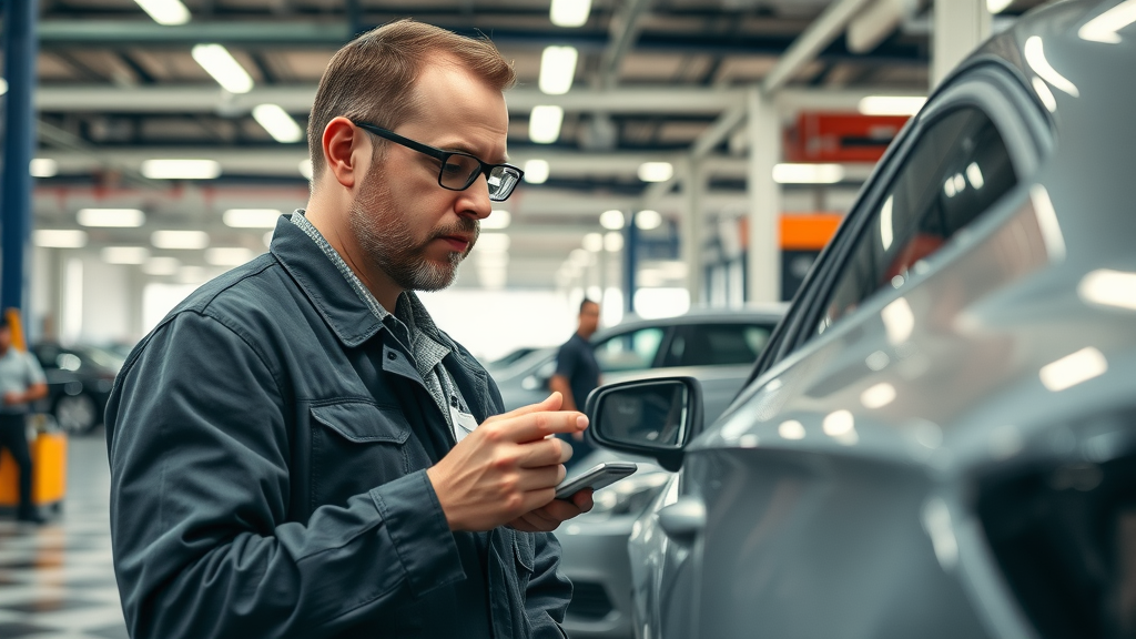 Skilled technician inspecting vehicle damage at a busy auto body shop, collision repair