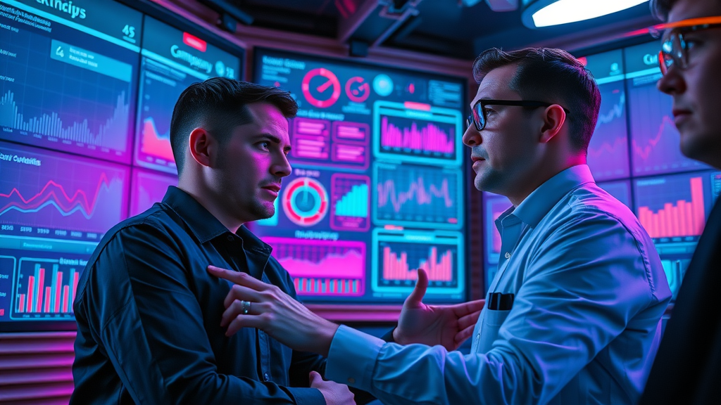 analysts measuring media audience targeting KPIs on advanced digital advertising dashboards