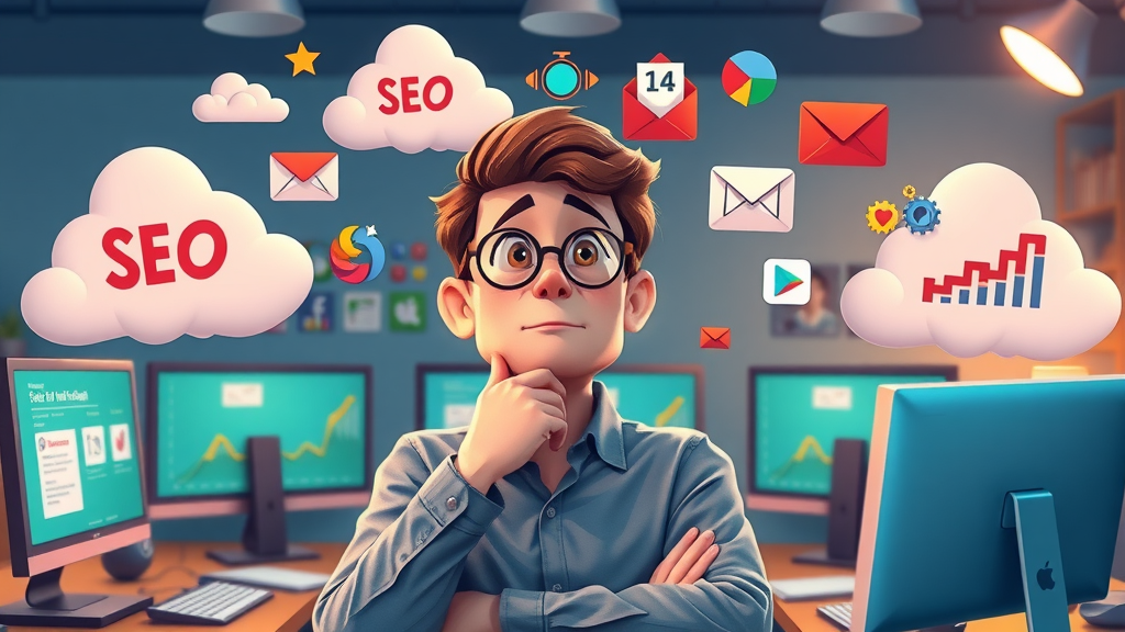 digital marketer surrounded by cloud icons for SEO, social media, email, analytics