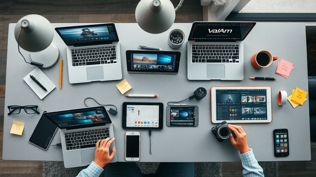 Desk with multiple devices displaying popular video editor software interfaces, tools for fast and efficient video content creation