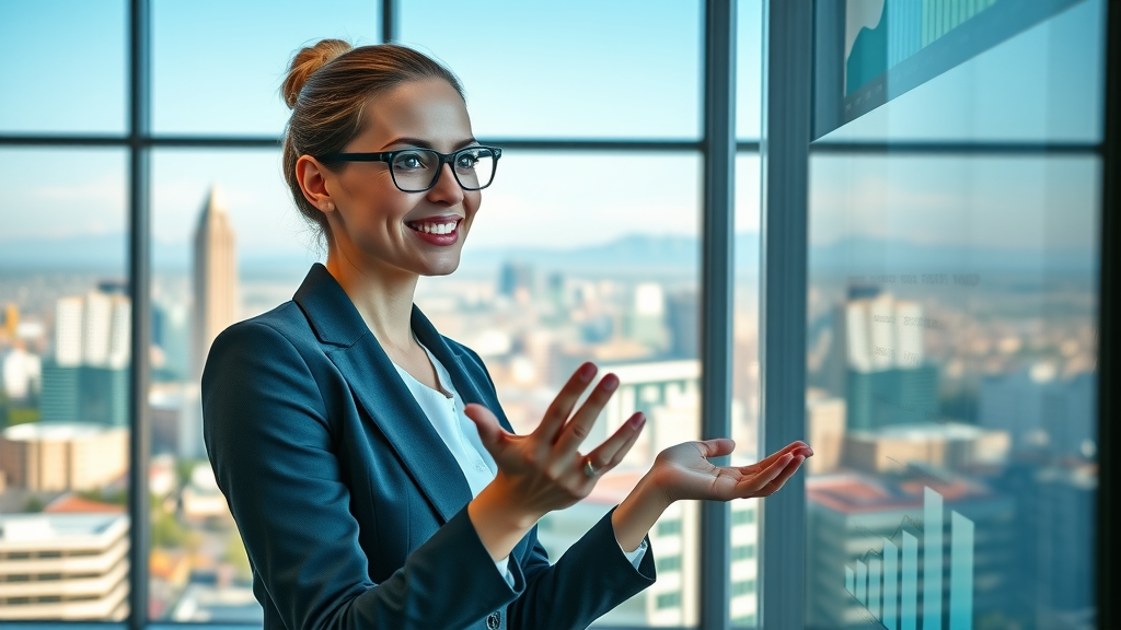 Confident Phoenix businesswoman analyzing growth charts, presenting metrics for local business collaboration success