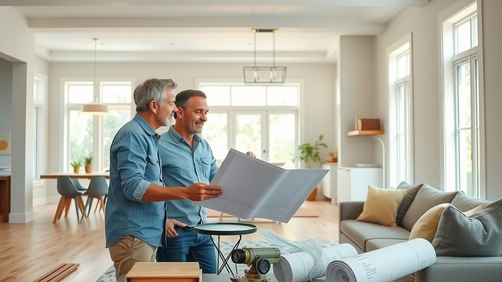 bright modern living room under renovation, two homeowners discussing renovation budgeting plans