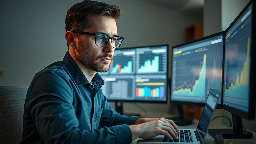 search engine optimization expert analyzing keyword data with dual monitors displaying charts