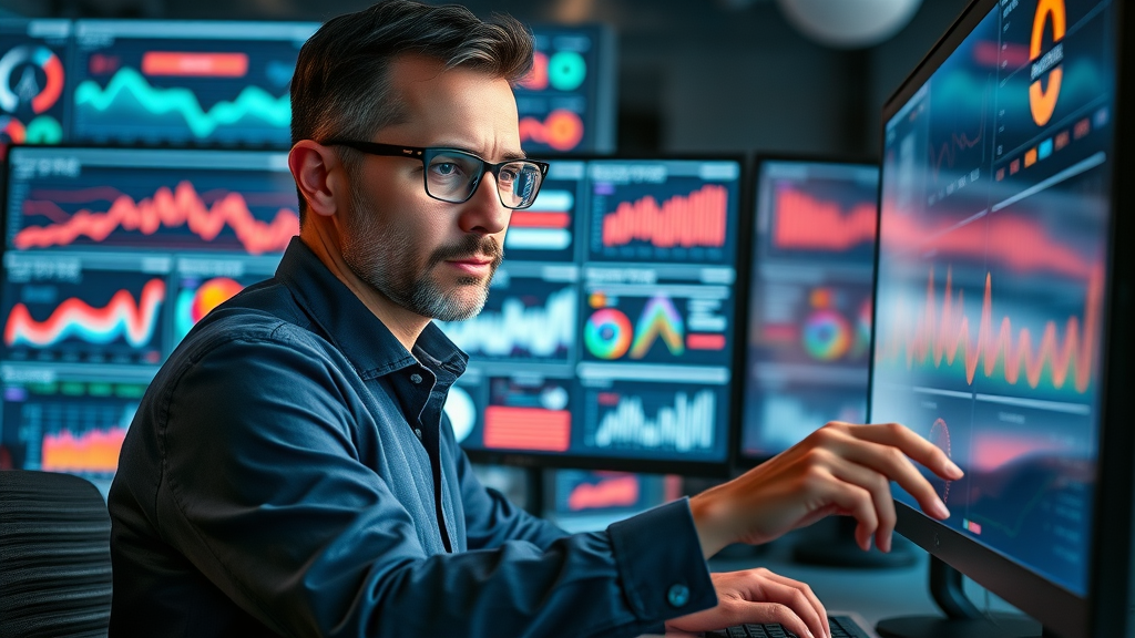 digital advertising expert optimizing Google Ads in a high-tech workspace with campaign monitors and analytics