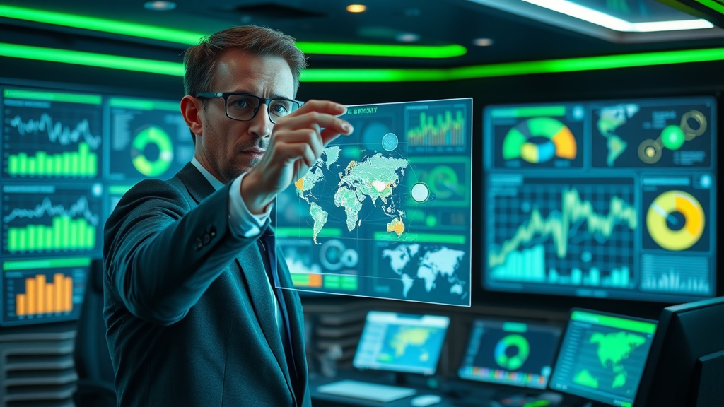 results-driven marketing strategy planning, leader visualizing vision on digital screen, glowing holographic charts