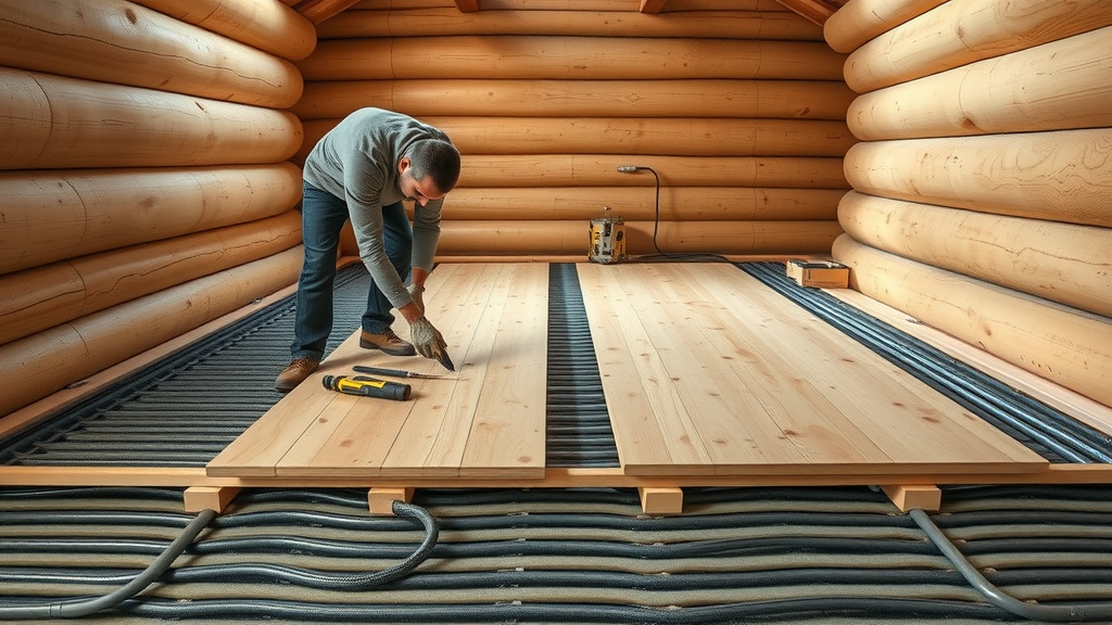 Radiant floor heating system being installed for enhanced energy efficiency in log homes