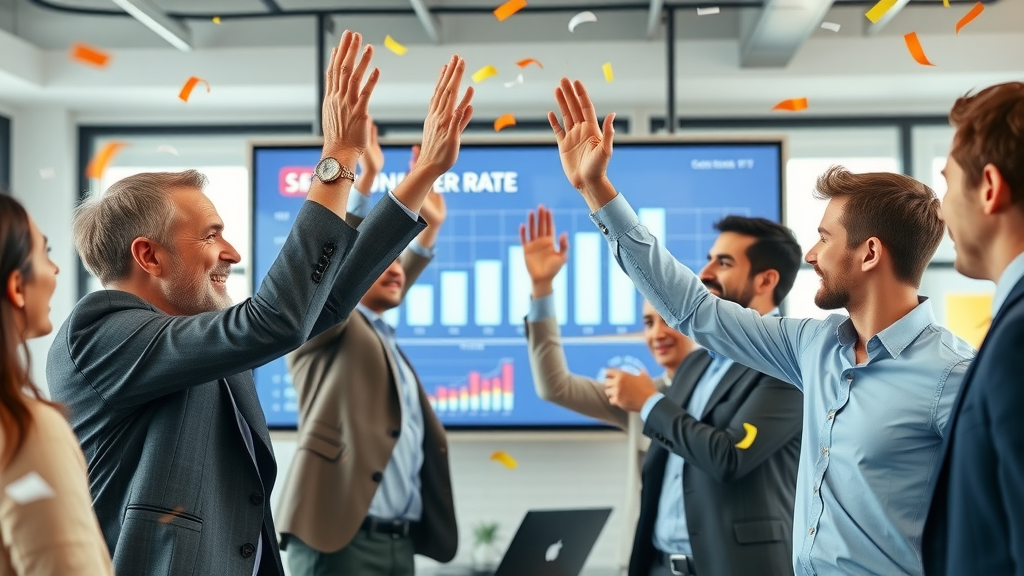 successful retargeting and remarketing team celebrates rising conversion rate