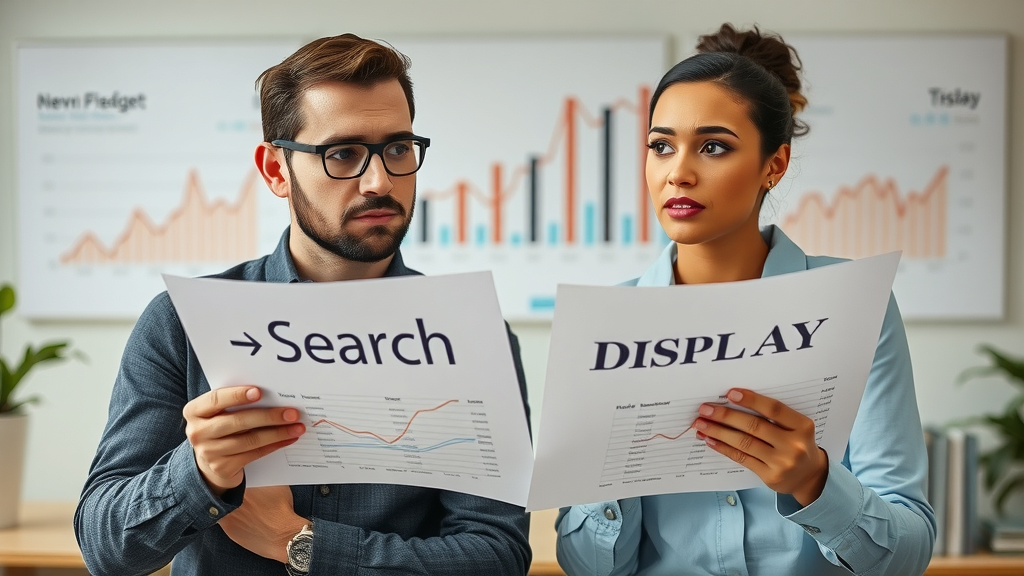 Advertising campaign budget split, two marketers reviewing search and display ad reports for cost per click analysis