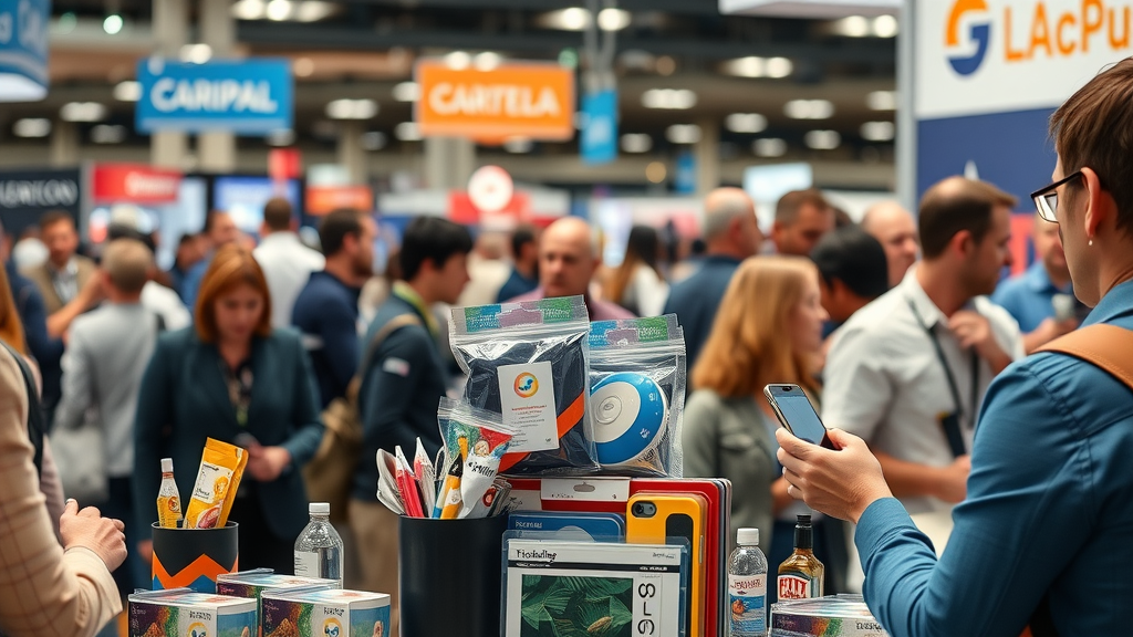 Trade show promotional products and corporate gifts on display in busy trade show environment