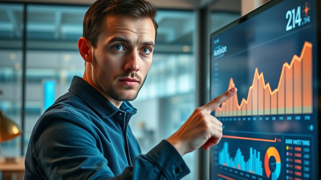 Data analyst reviewing engaging video content analytics dashboard in modern office