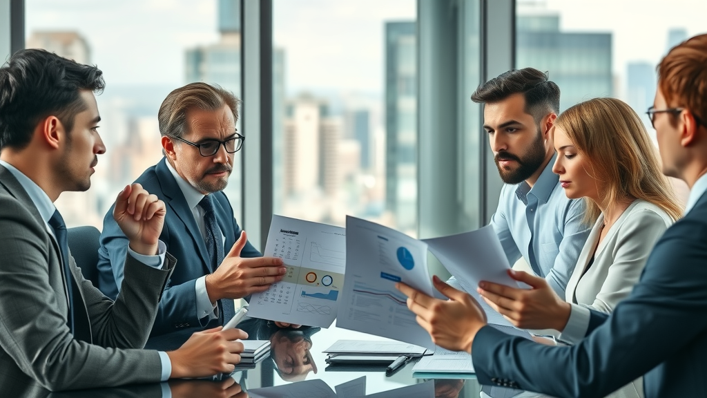 Executives discussing corporate branding strategy in boardroom, corporate branding