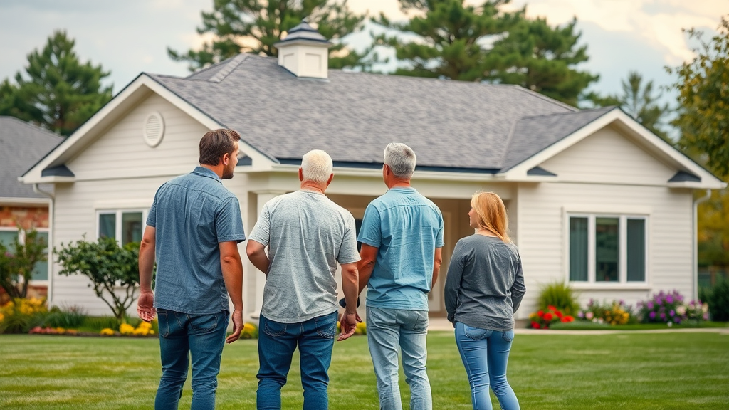 Modern suburban home exterior with new residential roofing, precise craftsmanship, lush lawn and blooming garden