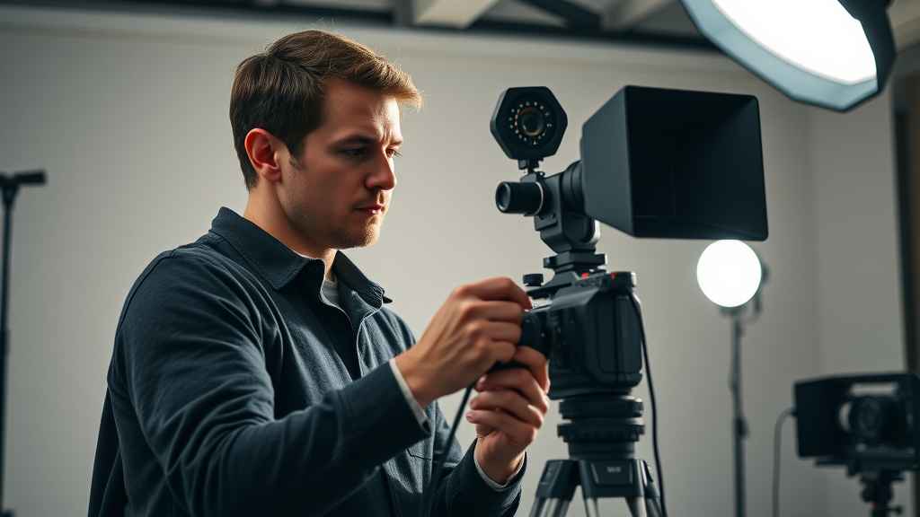 Professional video production set with cinematographer adjusting camera on tripod and lighting, ready for quality video shooting in content creation