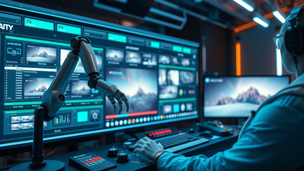 AI tools revolutionizing video marketing, futuristic video editing suite with glowing interfaces