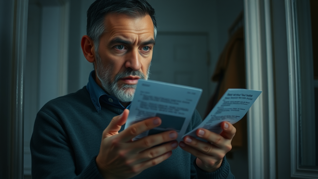 homeowner reviewing red flag warning signs before hiring a roofer or plumber, concerned look, photorealistic low-light home hallway