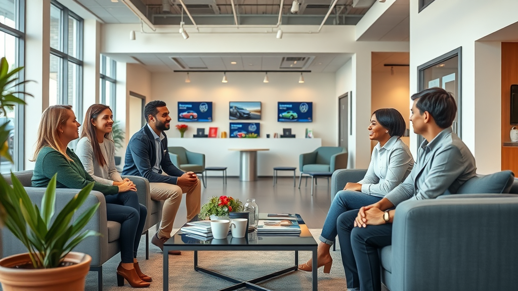 Diverse customers relax with proactive staff in dealership lounge, reliable customer service.