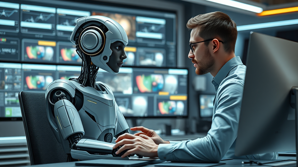 Human editor and robot collaborating at a creative desk using AI-driven video production tools for video marketing