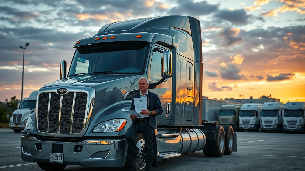Professional truck driver with trucking insurance papers by modern semi truck