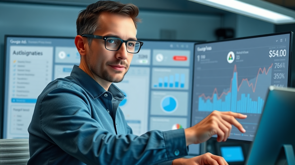 sophisticated Google Ads dashboard marketer adjusting campaign settings with AI-generated planning tools performance max campaign digital ad metrics adjustment high fidelity