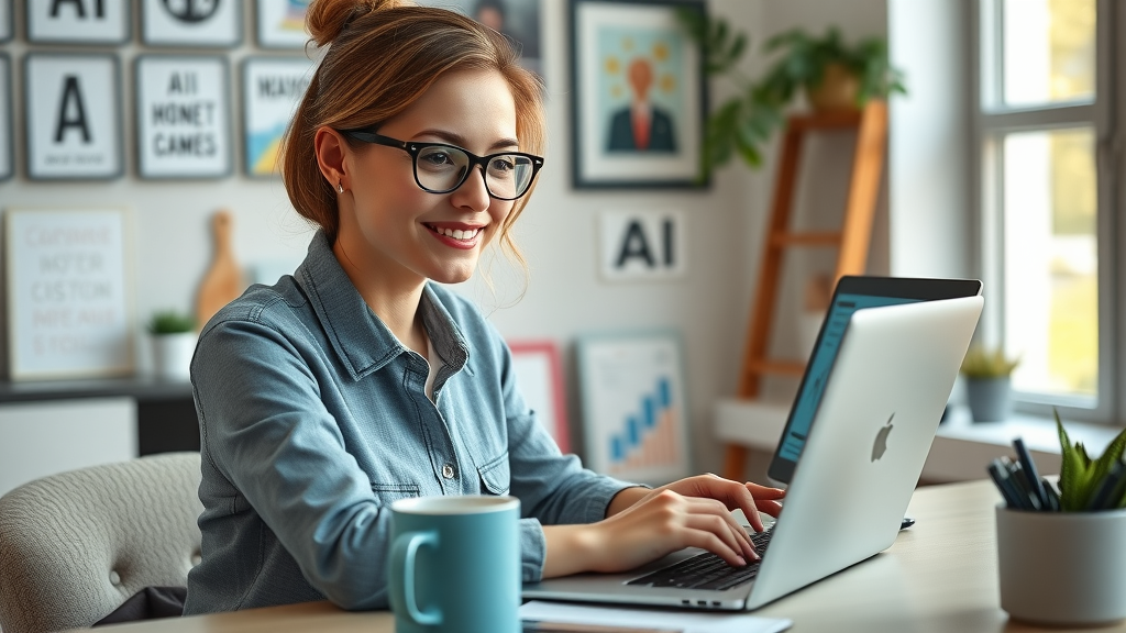 AI-powered content creation for small businesses: Marketer using laptop with AI graphics