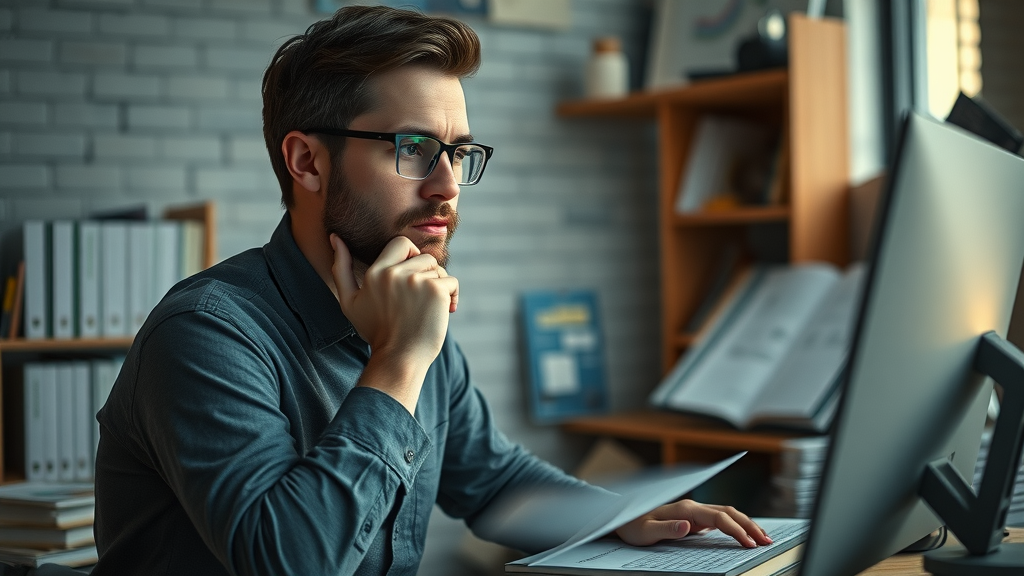 Small business owner considering AI technology solutions in a cozy office
