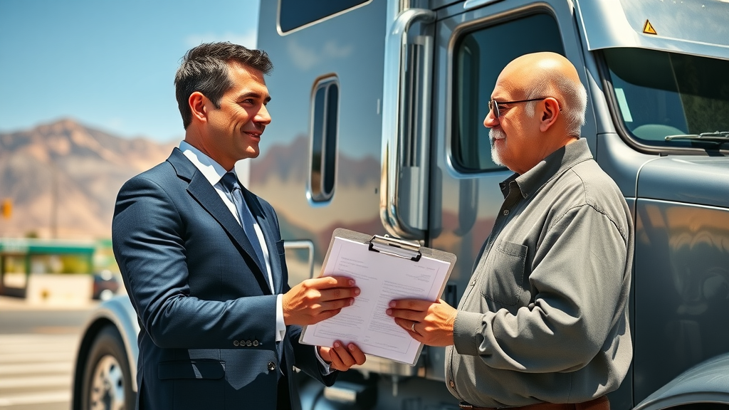 Insurance agent advising Nevada truck driver about trucking insurance policies.