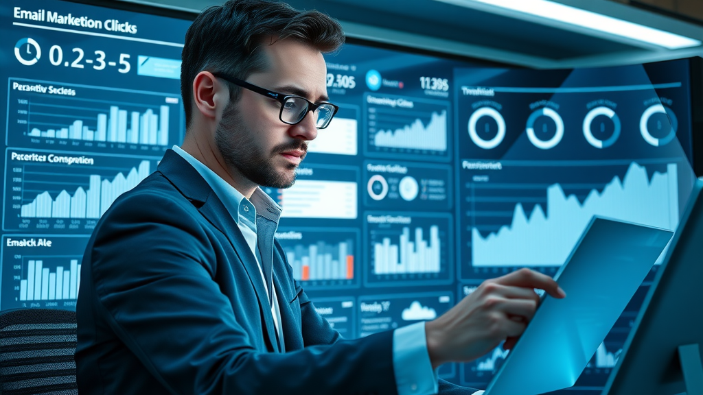 Modern dashboard with interactive email marketing campaign analytics showing open rates, clicks, and conversions, viewed by analytical professional