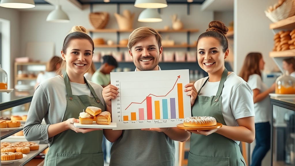bakery team celebrating with pastries and growth chart, digital marketing for small businesses success story