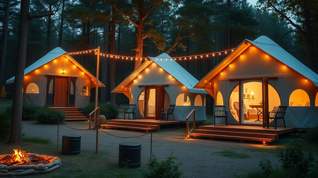 Luxurious glamping site with cabins and yurts in a forest setting showing key rv park industry trends