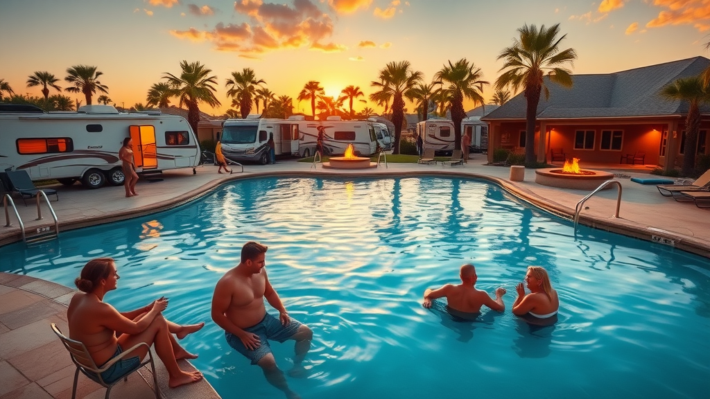 Luxurious RV resort pool area at sunset with guests enjoying upscale amenities, representing future of RV parks