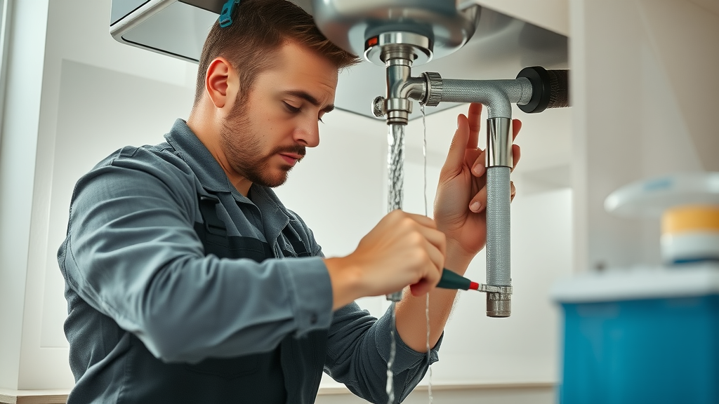 professional plumber at work on household pipes, Plumbing & Heating Services Chesterfield, inspecting under-sink plumbing in a modern kitchen with tools and movement of water visible, crisp daylight