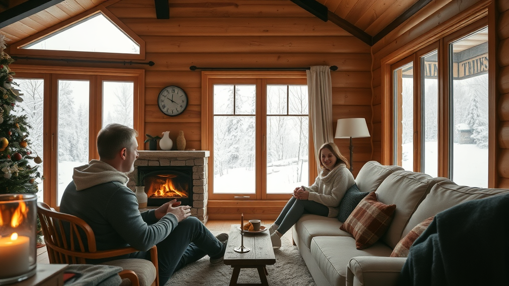 Family enjoying comfortable temperature in a log home interior demonstrating energy efficiency in log homes