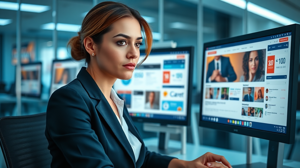 Businesswoman reviewing display and native ad formats on screens, focused on ad performance and campaign optimization