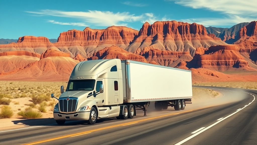 Modern semi-truck on Nevada desert highway illustrating trucking insurance coverage.