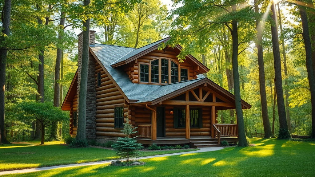 picturesque log home nestled in a lush forest landscape, advantages of log homes, rustic exterior, peaceful woodland