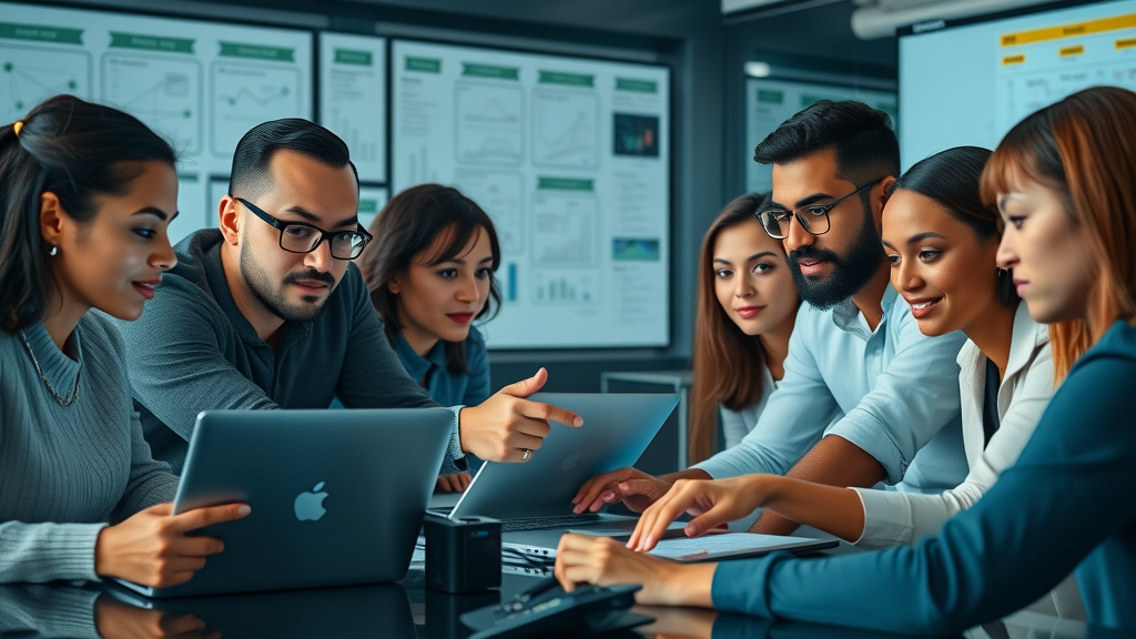 Diverse marketing team coordinating a digital cross-channel campaign with laptops, touchscreens, flowcharts, and engaging collaboration.